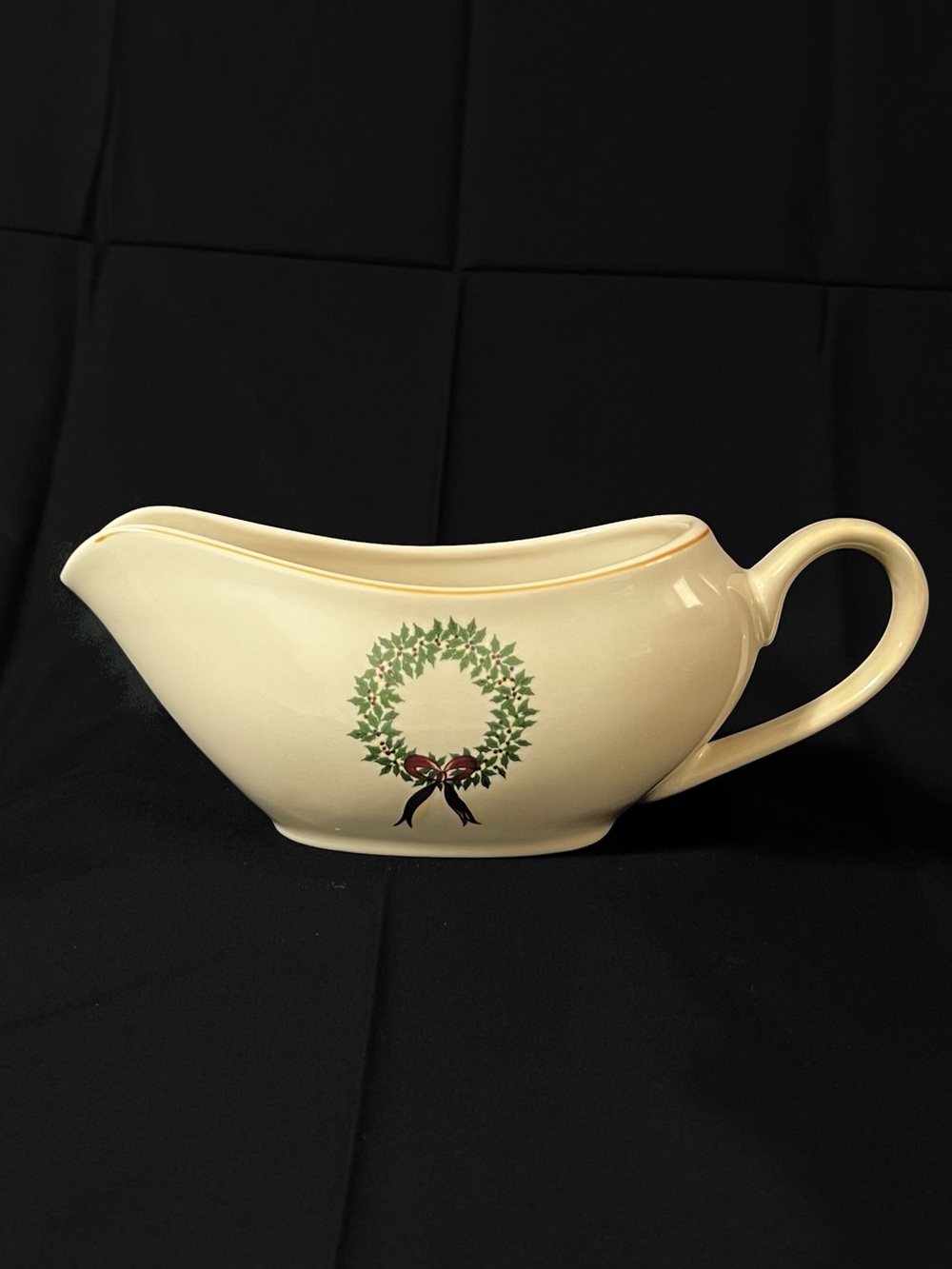 Merry Brite Holiday Wreath Ceramic Gravy Boat - Ivory with Green & Red Accent